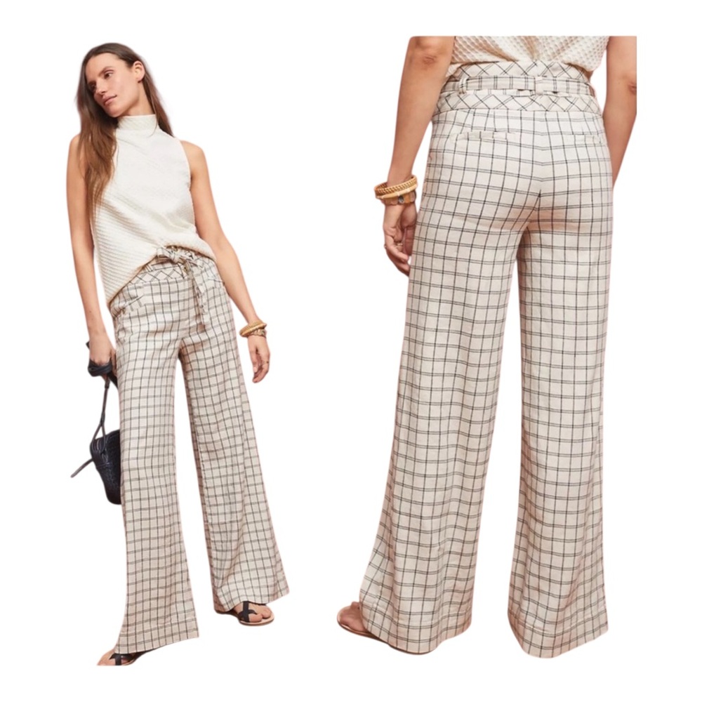 Anthropologie High-Rise Wide Leg Plaid Trouser Pants Cream/Tan 6